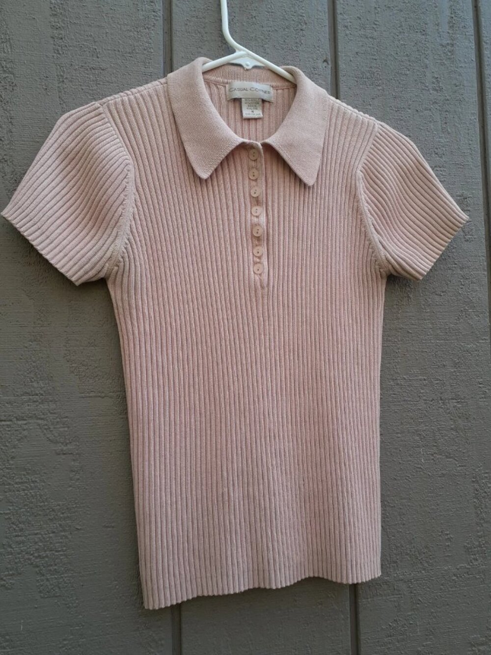 Vtg 90s Casual Corner Ribbed Button Top Pale Pink Stretchy Sexy Sweater Polo S/M - Picture 3 of 13